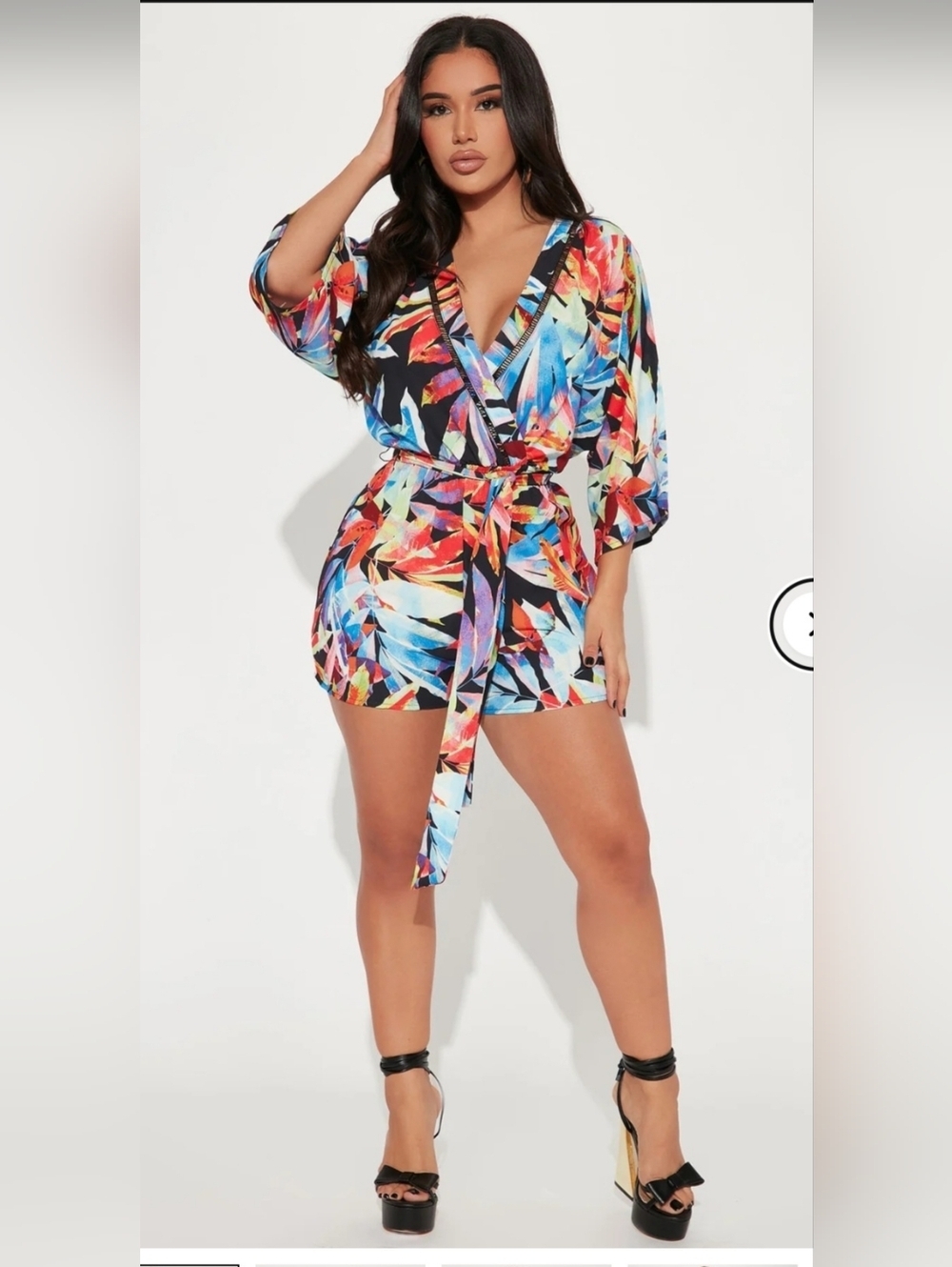 Fashion Nova Multicolor Tropical Print Shorts Romper - Black, Blue, Red, Yellow